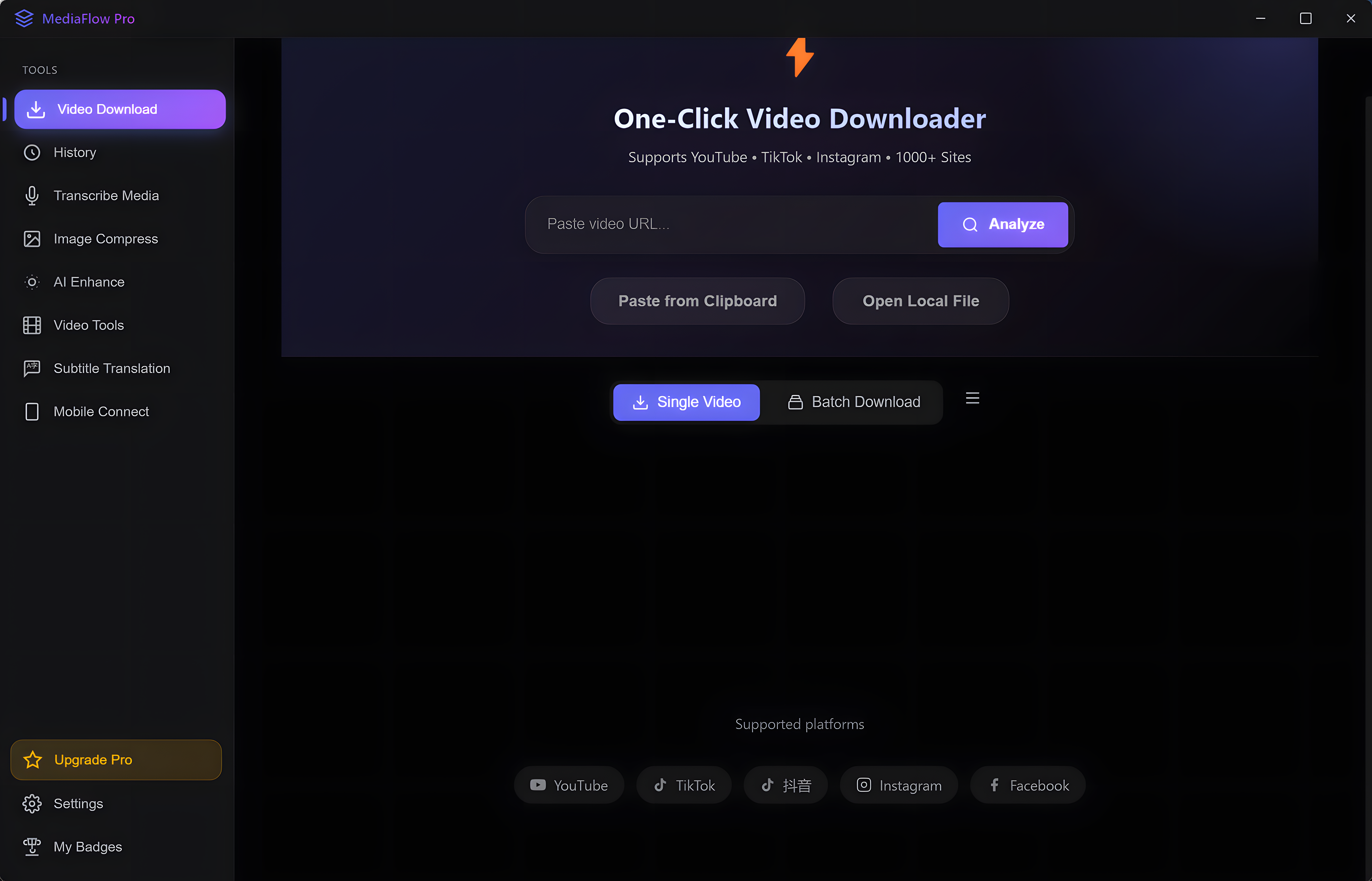 MediaFlow Pro Interface - Dark Mode UI displaying video downloader and AI processing tools